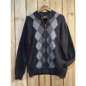 Boven & Wright Mens L Argyle Zip Up Sweater Black Gray Mock Neck Cotton